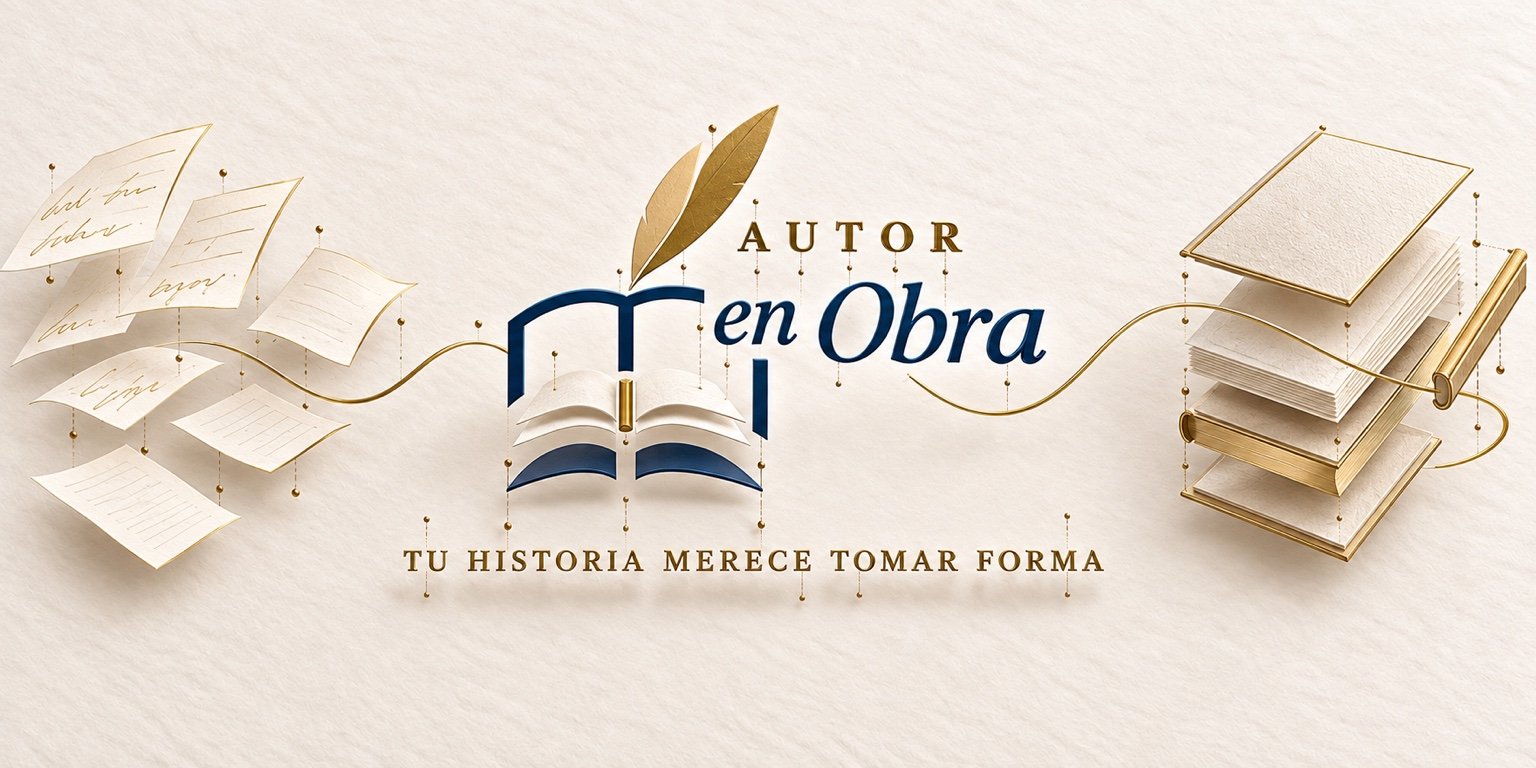 Autor en Obra: libro abierto y pluma dorada. Tu historia merece tomar forma.
